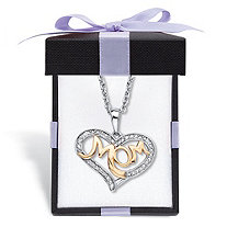 Diamond Accent Two-Tone "Mom" Heart Pendant (20mm) Necklace in 14k Gold-Plated Sterling Silver 18" - 20" with FREE Gift Box
