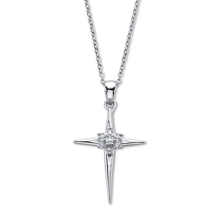 White Round Diamond Accent Cross Pendant Platinum Plated .925 Silver 18" Chain at PalmBeach Jewelry