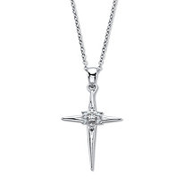 White Round Diamond Accent Cross Pendant Platinum Plated .925 Silver 18" Chain