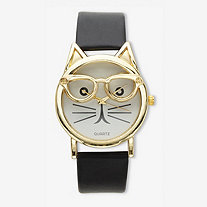 Gold Tone Cat Watch With Adjustable Black Strap 8