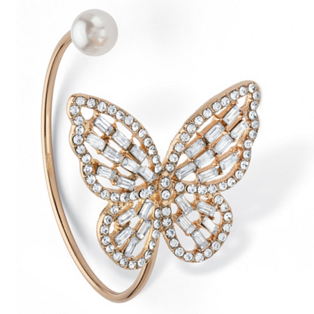 White Baguette Crystal & Simulated Pearl Butterfly Bangle Bracelet Goldtone at PalmBeach Jewelry
