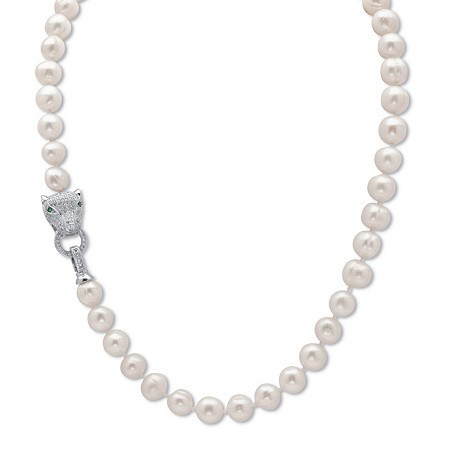 White Genuine Pearl Necklace Pave CZ Panther .55 Cttw Silvertone 18" Length at PalmBeach Jewelry