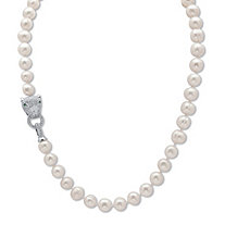 White Genuine Pearl Necklace Pave CZ Panther .55 Cttw Silvertone 18" Length