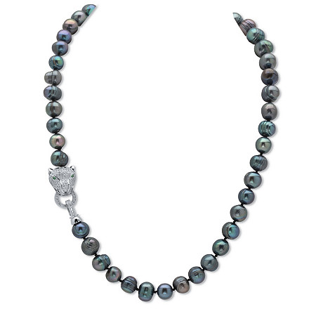 Peacock Genuine Pearl Necklace Pave CZ Panther .55 Cttw. Silvertone 18" Length at PalmBeach Jewelry