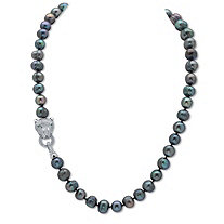 Peacock Genuine Pearl Necklace Pave CZ Panther .55 Cttw. Silvertone 18" Length
