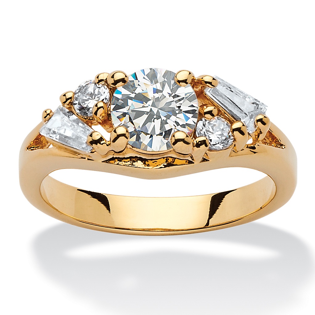 cubic tcw zirconia 14k plated ring round yellow gold bypass baguette engagement anniversary palmbeachjewelry