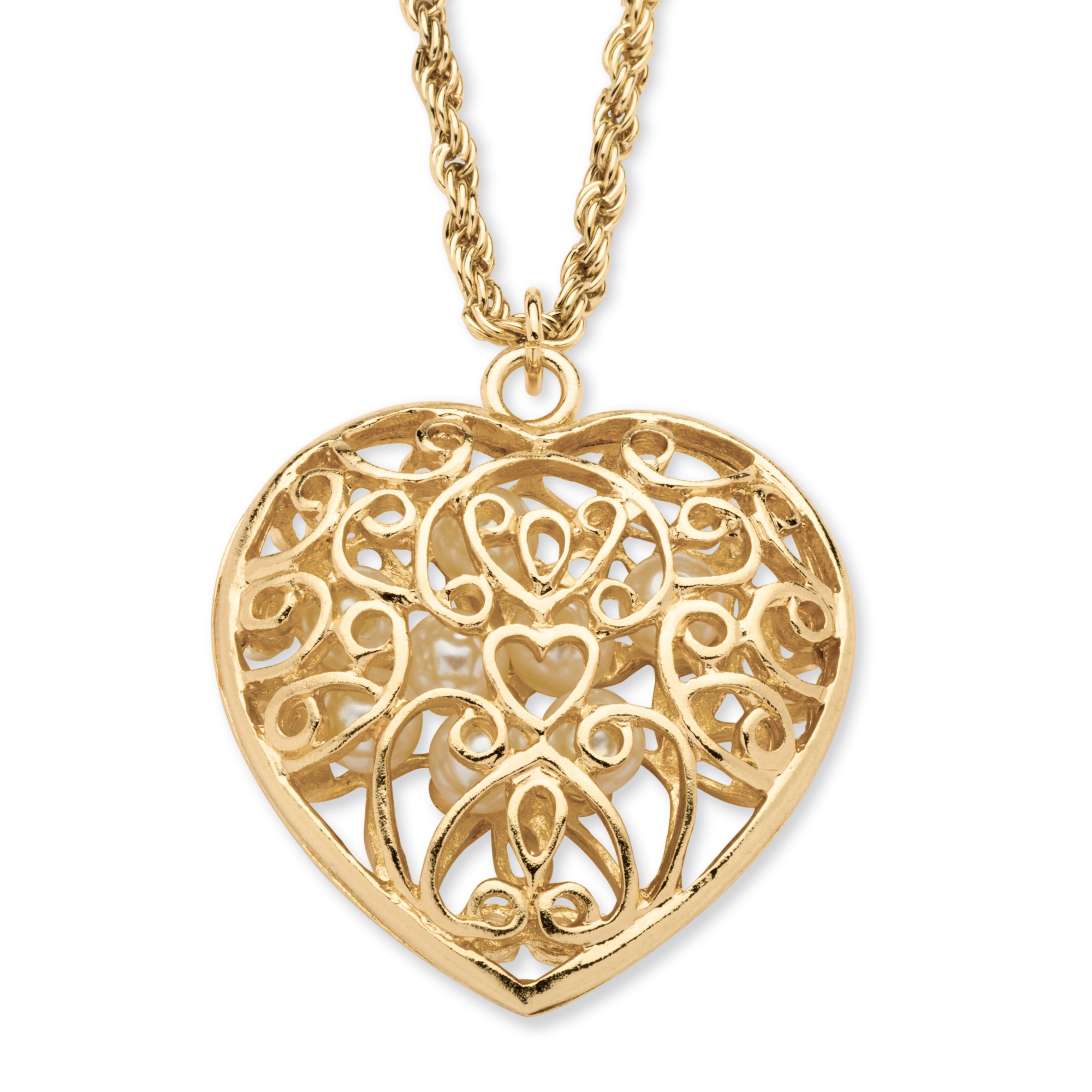 Simulated Pearl Filigree Heart Pendant Necklace in Yellow Gold Tone at
