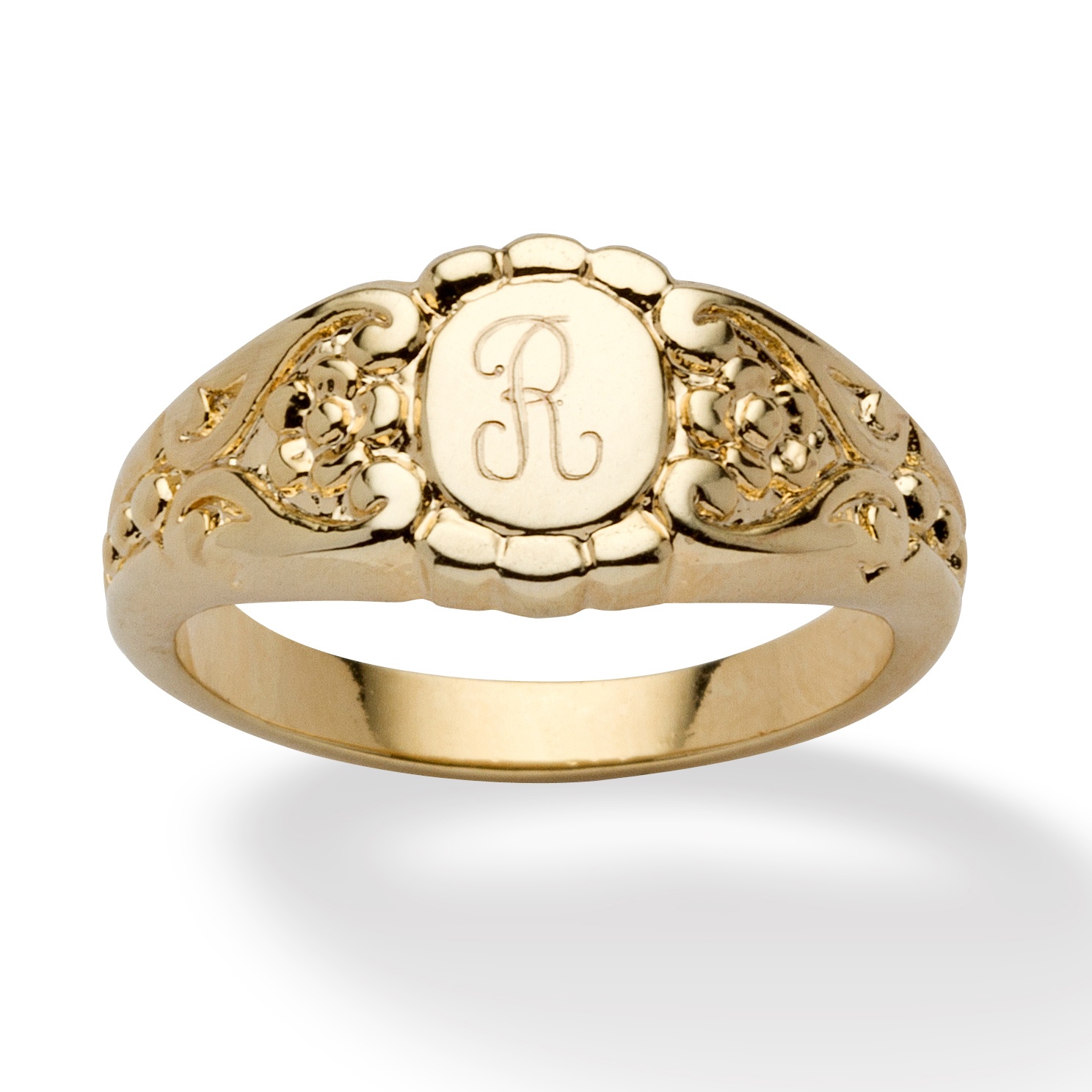 gold ring 14k initial rings personalized plated ladies signet birthstone jewelry palmbeach womens mens palmbeachjewelry scrolled