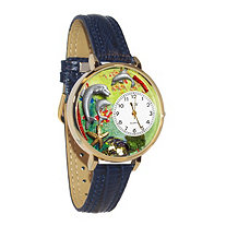 Hand-Crafted Personalized Dolphins Theme Watch With Italian Leather Band in Yellow Gold Tone